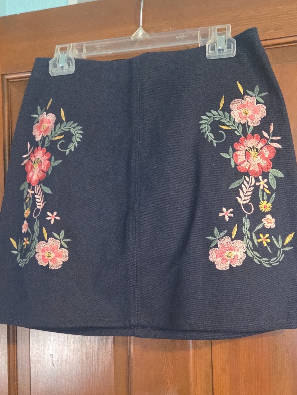Navy Mini Skirt with Pink Floral Embroidery